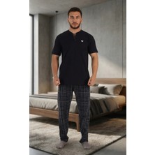 Işılay Erkek Kısa Kollu Düğme Detaylı %100 Pamuk Ekose Alt Pijama Takım-Ev Giyimi