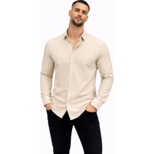 Erkek Keten Kumaş Oversize Uzun Kollu Rahat Kalıp Gömlek - Bej