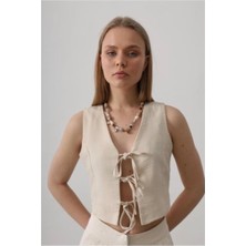 Kanoğlu Ticaret Kanoğlu Bej Rengi Ipli Crop Yelek Takım