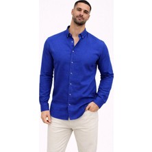 Erkek Keten Kumaş Oversize Uzun Kollu Rahat Kalıp Gömlek - Saks Mavisi