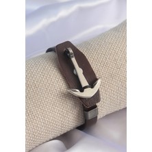 Buğz Kahverengi Deri Model Gümüş Renk Çapa Figür Erkek Bileklik