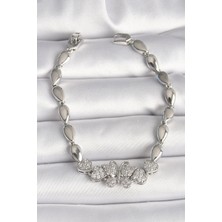 Buğz Pirinç Gümüş Renk Zirkon Taşlı Kelebek Figür Damla Zincir Model Kadın Bileklik