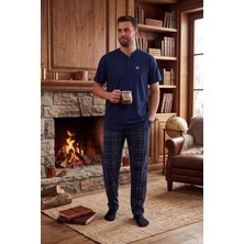 Işılay Erkek Kısa Kollu Düğme Detaylı %100 Pamuk Ekose Alt Pijama Takım-Ev Giyimi