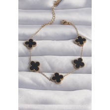 Buğz 316L Çelik Gold Renk Siyah Mineli Yonca Bileklik