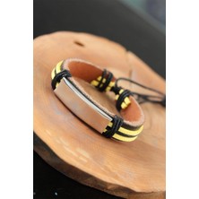 Buğz Metal Aksesuarlı Sarı Siyah Renk Deri Erkek Bileklik