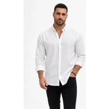 Giyim Center Erkek Keten Kumaş Oversize Uzun Kollu Rahat Kalıp Gömlek - Beyaz