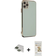 Cepte Toptan iPhone 11 Pro Max Yankı Serisi - Siyah Mat Seramik Nano Ekran Koruyucu + Yeşil Pers Alüminyum Kamera Lens