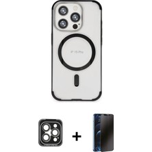 Cepte Toptan iPhone 15 Pro Max Eksen Klasik Koleksiyonu - Siyah 3D Antistatik Hayalet Cam Ekran Koruyucu + Gri Pvd Metal Kamera Lens