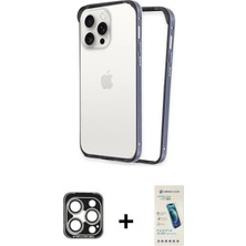 Cepte Toptan iPhone 15 Pro Max Pusula Asil Koleksiyonu - Şeffaf Pasifik Cam Ekran Koruyucu + Gümüş Pvd Metal Kamera Lens