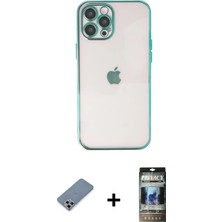 Cepte Toptan iPhone 12 Pro Vadi Minimal - Siyah 34D Hayalet Izgaralı Cam + Gümüş Metal Kamera Lens Koruma Cam