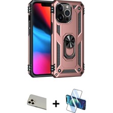 Cepte Toptan iPhone 13 Pro Max Ahenk Klasik Koleksiyonu - Siyah 3D Antistatik Cam Ekran Koruyucu + Rose Gold Rainbow Kamera Lens Koruma Cam
