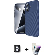Cepte Toptan iPhone 16 Eksen Form Prime - Şeffaf Pasifik Cam Ekran Koruyucu + Mavi Pvd Metal Kamera Lens