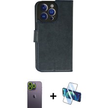 Cepte Toptan iPhone 13 Pro Max Siluet Işık Serisi - Siyah 3D Antistatik Cam Ekran Koruyucu + Yeşil Neon Fosforlu Kamera Lens