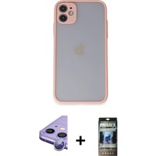 Cepte Toptan iPhone 11 Ahenk Çizgi Serisi - Siyah 34D Hayalet Izgaralı Cam + Mor Raze Metal Kamera Lens