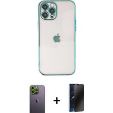 Cepte Toptan iPhone 12 Pro Max Vadi Minimal - Siyah 3D Antistatik Hayalet Cam Ekran Koruyucu + Yeşil Neon Fosforlu Kamera Lens