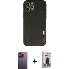 Cepte Toptan iPhone 12 Pro Max Doruk Asil Koleksiyonu - Siyah Bilvis Hayalet Cam Ekran Koruyucu + Turuncu Neon Fosforlu Kamera Lens