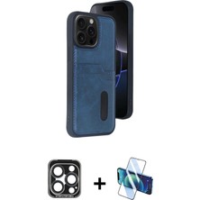 Cepte Toptan iPhone 15 Pro Max Yörünge Işık Serisi - Siyah 3D Antistatik Seramik Nano Ekran Koruyucu + Lacivert Pvd Metal Kamera Lens