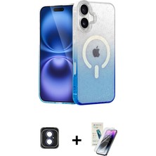 Cepte Toptan iPhone 16 Eksen Minimal Özel Seri - Şeffaf Pasifik Cam Ekran Koruyucu + Mavi Pvd Metal Kamera Lens