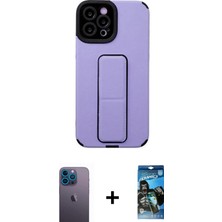 Cepte Toptan iPhone 12 Pro Max Çekirdek Yansıma - Siyah 34D Izgaralı Cam + Mavi Neon Fosforlu Kamera Lens