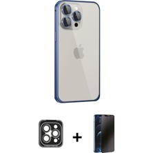 Cepte Toptan iPhone 15 Pro Max Eksen Form Serisi - Siyah 3D Antistatik Hayalet Cam Ekran Koruyucu + Gri Pvd Metal Kamera Lens