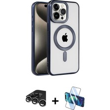 Cepte Toptan iPhone 15 Pro Max Eksen Form Koleksiyonu - Siyah 3D Antistatik Seramik Nano Ekran Koruyucu + Gümüş Raze Metal Kamera Lens