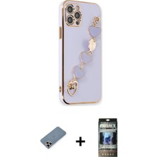 Cepte Toptan iPhone 12 Pro Nova Işık Prime - Siyah 34D Hayalet Izgaralı Cam + Mor Metal Kamera Lens Koruma Cam