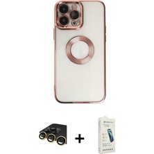 Cepte Toptan iPhone 14 Pro Pusula Form - Şeffaf Pasifik Cam Ekran Koruyucu + Gold Raze Metal Kamera Lens