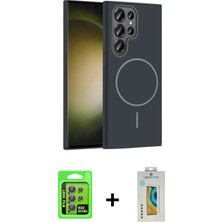 Cepte Toptan Galaxy S24 Ultra Siluet Doku Özel Seri - Siyah Polymer Nano Ekran Koruyucu + Gri Raze Metal Kamera Lens