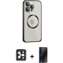 Cepte Toptan iPhone 15 Pro Max Ahenk Işık Serisi - Siyah 3D Antistatik Hayalet Cam Ekran Koruyucu + Siyah Pvd Metal Kamera Lens