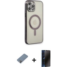 Cepte Toptan iPhone 12 Pro Doruk Minimal - Siyah 3D Antistatik Hayalet Cam Ekran Koruyucu + Gümüş Metal Kamera Lens Koruma Cam