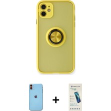 Cepte Toptan iPhone 11 Yörünge Çizgi - Şeffaf Pasifik Cam Ekran Koruyucu + Turuncu Neon Fosforlu Kamera Lens