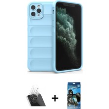 Cepte Toptan iPhone 11 Pro Max Atlas Koleksiyonu - Siyah 34D Izgaralı Cam + Şeffaf Kamera Lens Koruma Cam