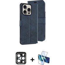 Cepte Toptan iPhone 15 Pro Max Siluet Işık Serisi - Siyah 3D Antistatik Cam Ekran Koruyucu + Lacivert Pvd Metal Kamera Lens