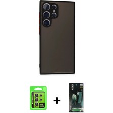 Cepte Toptan Galaxy S24 Ultra Ahenk Çizgi Serisi - Siyah 360 Mat Full Body Arka Koruyucu + Sarı Raze Metal Kamera Lens