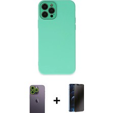 Cepte Toptan iPhone 12 Pro Max Çekirdek Modern Serisi - Siyah 3D Antistatik Hayalet Cam Ekran Koruyucu + Yeşil Neon Fosforlu Kamera Lens