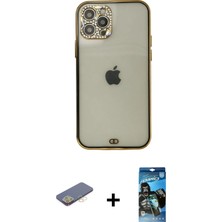 Cepte Toptan iPhone 12 Pro Max Eksen Minimal Koleksiyonu - Siyah 34D Izgaralı Cam + Sarı Renkli Kamera Lens Koruma Cam