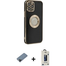Cepte Toptan iPhone 12 Pro Max Iz Form Serisi - Siyah Bilvis Hayalet Cam Ekran Koruyucu + Siyah Shine Kamera Lens Koruma Cam