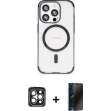 Cepte Toptan iPhone 15 Pro Max Eksen Klasik Koleksiyonu - Siyah 3D Antistatik Hayalet Cam Ekran Koruyucu + Gri Pvd Metal Kamera Lens