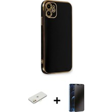 Cepte Toptan iPhone 11 Yankı Serisi - Siyah 3D Antistatik Hayalet Cam Ekran Koruyucu + Turuncu Renkli Kamera Lens Koruma Cam
