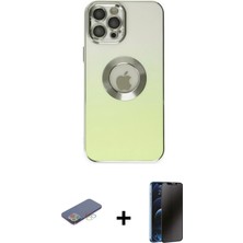 Cepte Toptan iPhone 12 Pro Max Kutup Yansıma Özel Seri - Siyah 3D Antistatik Hayalet Cam Ekran Koruyucu + Mavi Renkli Kamera Lens Koruma Cam