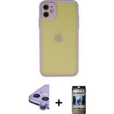 Cepte Toptan iPhone 11 Ahenk Çizgi Serisi - Siyah 34D Hayalet Izgaralı Cam + Mor Raze Metal Kamera Lens