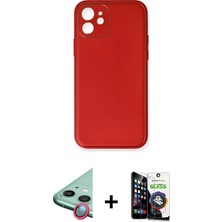 Cepte Toptan iPhone 12 Mini Yadigar Klasik - Şeffaf Temperli Cam Ekran Koruyucu + Kırmızı Raze Metal Kamera Lens