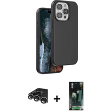 Cepte Toptan iPhone 14 Pro Max Kıvılcım Çizgi Serisi - Siyah 360 Mat Full Body Arka Koruyucu + Gümüş Raze Metal Kamera Lens