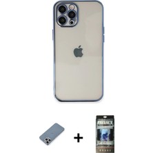 Cepte Toptan iPhone 12 Pro Vadi Minimal - Siyah 34D Hayalet Izgaralı Cam + Gümüş Metal Kamera Lens Koruma Cam