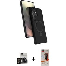Cepte Toptan Galaxy S23 Ultra Iz Işık Koleksiyonu - Siyah Autokit 5in1 Fiber Hayalet Cam Ekran Koruyucu + Gold Pvd Metal Kamera Lens