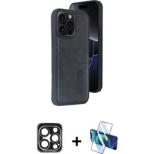 Cepte Toptan iPhone 15 Pro Max Yörünge Işık Serisi - Siyah 3D Antistatik Seramik Nano Ekran Koruyucu + Lacivert Pvd Metal Kamera Lens