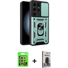 Cepte Toptan Galaxy S24 Ultra Ahenk Klasik - Siyah Bilvis Hayalet Cam Ekran Koruyucu + Gümüş Raze Metal Kamera Lens