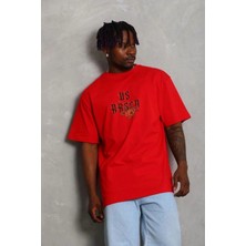 Velmora Fashion Erkek Baskılı T-Shirt Kısa Kol Bisiklet Yaka Regular Fit Tişört - Kırmızı