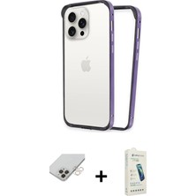 Cepte Toptan iPhone 14 Pro Max Pusula Asil Koleksiyonu - Şeffaf Pasifik Cam Ekran Koruyucu + Gold Band Metal Kamera Lens