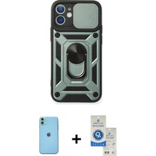 Cepte Toptan iPhone 11 Ahenk Klasik - Şeffaf Royal Nano Ekran Koruyucu + Yeşil Neon Fosforlu Kamera Lens